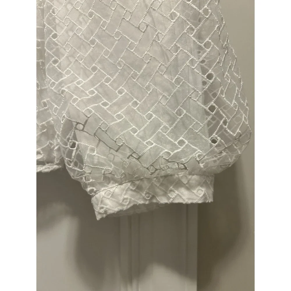 Zara White High Neck Blouse with Layer Embroidered Puff 3/4 Sleeves Size Medium